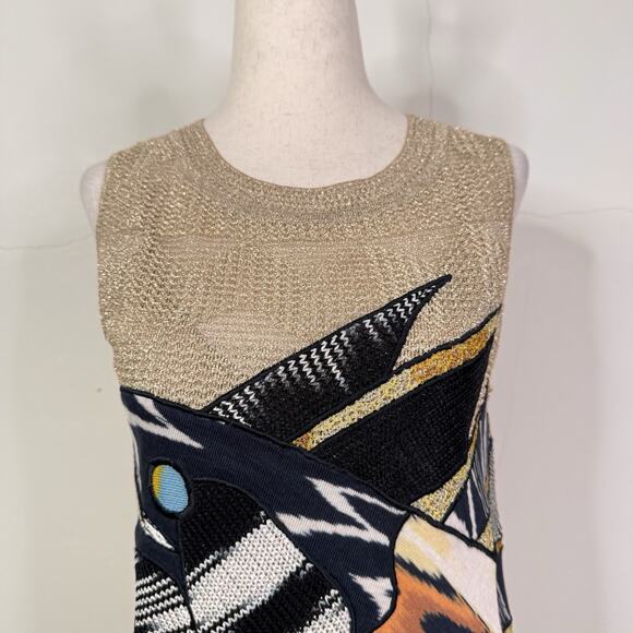 MISSONI Metallic Knit Sleeveless Mini Dress 40 US 4 Gold Graphic Fish Italy RARE - Picture 2 of 14